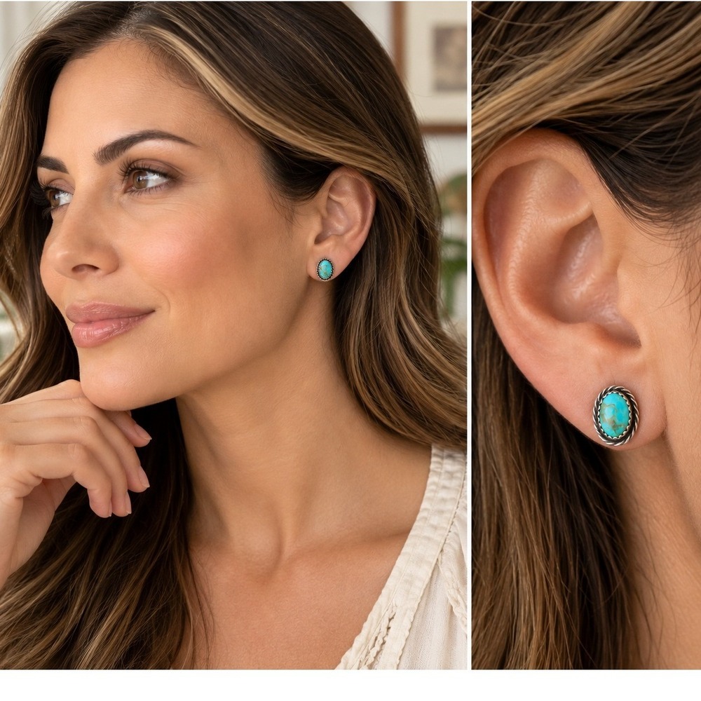 Rita Largo Navajo Kingman Turquoise Sterling Silver Oval Stud Earrings
